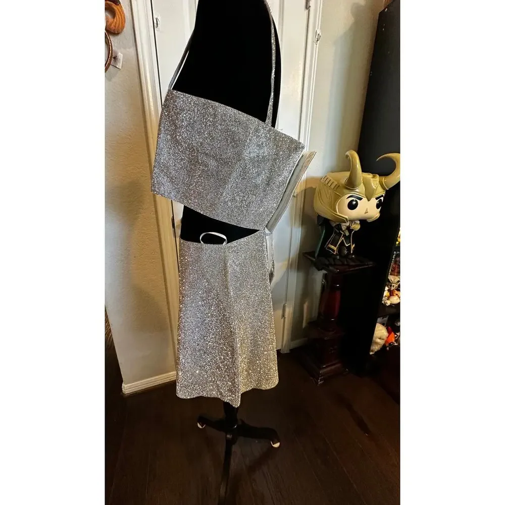 12TH TRIBE Shira Silver Rhinestone Crop Top Mini Skirt Set